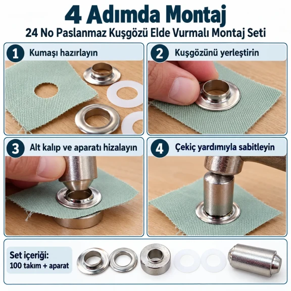 9.5 mm 24 No Paslanmaz Kuşgözü Elde Vurmalı Delme ve Çakma Seti – 100 Takım + Aparat KGS2IN1-24-PS100