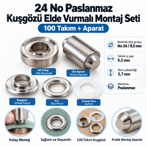 9.5 mm 24 No Paslanmaz Kuşgözü Elde Vurmalı Delme ve Çakma Seti – 100 Takım + Aparat KGS2IN1-24-PS100