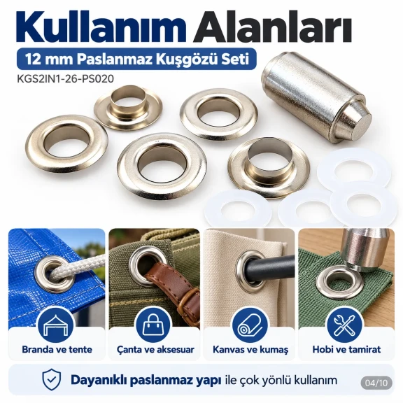 12 mm (0.47 in) Stainless Steel Eyelet Hand Punch and Setting Kit – 20 Sets + Tool KGS2IN1-26-PS020