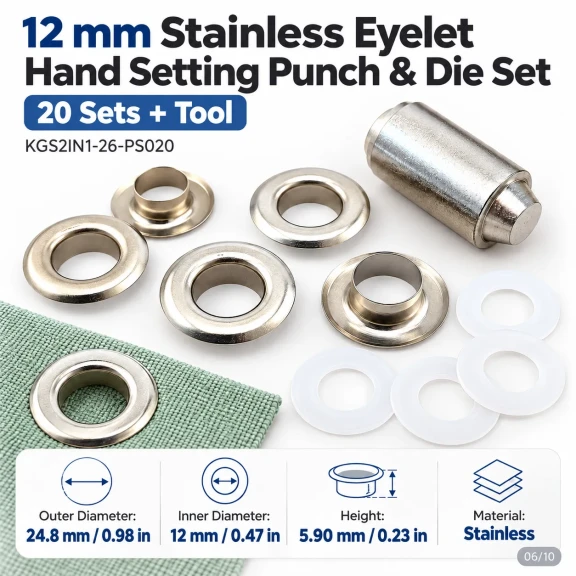 12 mm (0.47 in) Stainless Steel Eyelet Hand Punch and Setting Kit – 20 Sets + Tool KGS2IN1-26-PS020