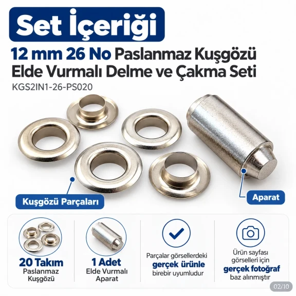 12 mm (0.47 in) Stainless Steel Eyelet Hand Punch and Setting Kit – 20 Sets + Tool KGS2IN1-26-PS020