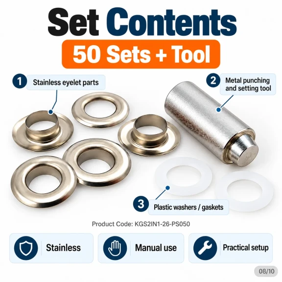 12 mm (0.47 in) Stainless Steel Eyelet Hand Punch and Setting Kit – 50 Sets + Tool KGS2IN1-26-PS050 12 mm (0.47 in) Stainless Steel Eyelet Hand Punch and Setting Kit – 50 Sets + Tool KGS2IN1-26-PS050