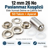 12 mm 26 No Paslanmaz Kuşgözü Elde Vurmalı Delme ve Çakma Seti – 50 Takım + Aparat KGS2IN1-26-PS050