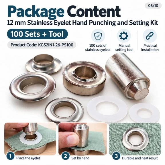 12 mm (0.47 in) Stainless Steel Eyelet Hand Punch and Setting Kit – 100 Sets + Tool KGS2IN1-26-PS100
