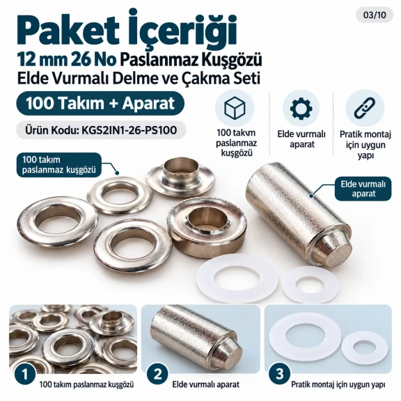 12 mm (0.47 in) Stainless Steel Eyelet Hand Punch and Setting Kit – 100 Sets + Tool KGS2IN1-26-PS100 12 mm (0.47 in) Stainless Steel Eyelet Hand Punch and Setting Kit – 100 Sets + Tool KGS2IN1-26-PS100