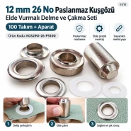 12 mm 26 No Paslanmaz Kuşgözü Elde Vurmalı Delme ve Çakma Seti – 100 Takım + Aparat KGS2IN1-26-PS100