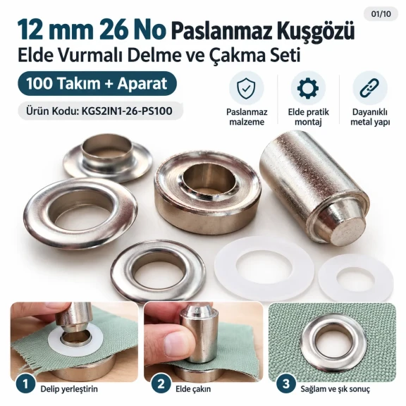 12 mm (0.47 in) Stainless Steel Eyelet Hand Punch and Setting Kit – 100 Sets + Tool KGS2IN1-26-PS100 12 mm (0.47 in) Stainless Steel Eyelet Hand Punch and Setting Kit – 100 Sets + Tool KGS2IN1-26-PS100