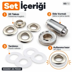 13 mm 28 No Paslanmaz Kuşgözü Elde Vurmalı Delme ve Çakma Seti – 20 Takım + Aparat KGS2IN1-28-PS020