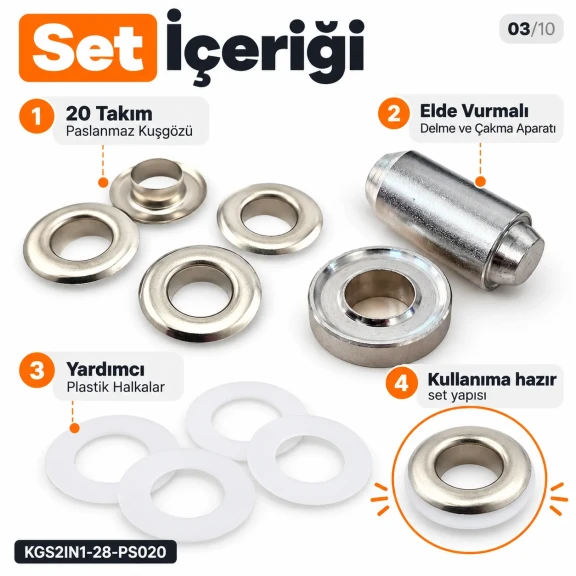 13 mm (0.51 in) Stainless Steel Eyelet Hand Punch and Setting Kit – 20 Sets + Tool KGS2IN1-28-PS020