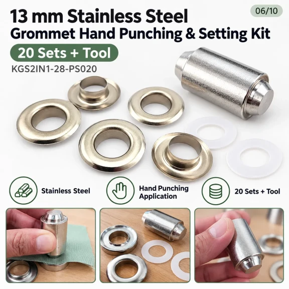 13 mm (0.51 in) Stainless Steel Eyelet Hand Punch and Setting Kit – 20 Sets + Tool KGS2IN1-28-PS020