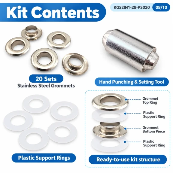 13 mm (0.51 in) Stainless Steel Eyelet Hand Punch and Setting Kit – 20 Sets + Tool KGS2IN1-28-PS020