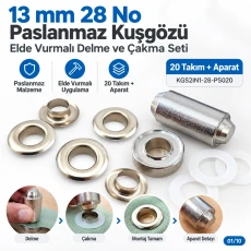 13 mm 28 No Paslanmaz Kuşgözü Elde Vurmalı Delme ve Çakma Seti – 20 Takım + Aparat KGS2IN1-28-PS020
