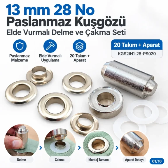13 mm (0.51 in) Stainless Steel Eyelet Hand Punch and Setting Kit – 20 Sets + Tool KGS2IN1-28-PS020