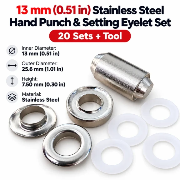 13 mm (0.51 in) Stainless Steel Eyelet Hand Punch and Setting Kit – 50 Sets + Tool KGS2IN1-28-PS050