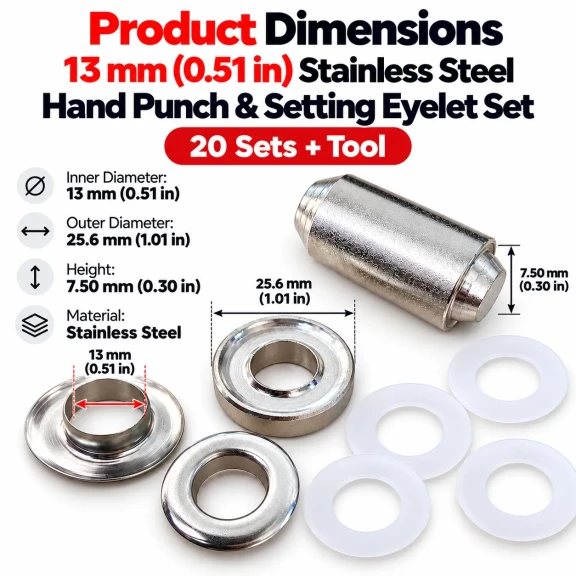 13 mm (0.51 in) Stainless Steel Eyelet Hand Punch and Setting Kit – 50 Sets + Tool KGS2IN1-28-PS050