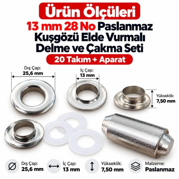 13 mm (0.51 in) Stainless Steel Eyelet Hand Punch and Setting Kit – 50 Sets + Tool KGS2IN1-28-PS050 13 mm (0.51 in) Stainless Steel Eyelet Hand Punch and Setting Kit – 50 Sets + Tool KGS2IN1-28-PS050
