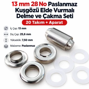 13 mm 28 No Paslanmaz Kuşgözü Elde Vurmalı Delme ve Çakma Seti – 50 Takım + Aparat KGS2IN1-28-PS050