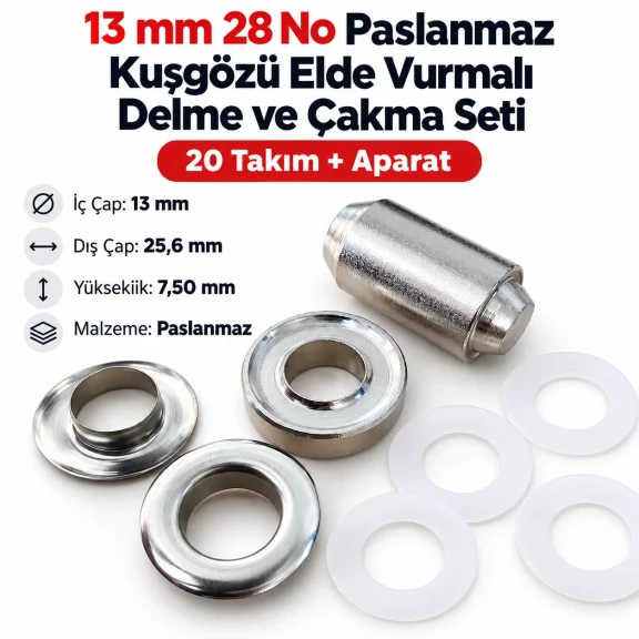 13 mm (0.51 in) Stainless Steel Eyelet Hand Punch and Setting Kit – 50 Sets + Tool KGS2IN1-28-PS050