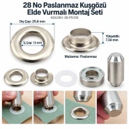 13 mm 28 No Paslanmaz Kuşgözü Elde Vurmalı Delme ve Çakma Seti – 100 Takım + Aparat KGS2IN1-28-PS100