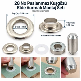 13 mm 28 No Paslanmaz Kuşgözü Elde Vurmalı Delme ve Çakma Seti – 100 Takım + Aparat KGS2IN1-28-PS100