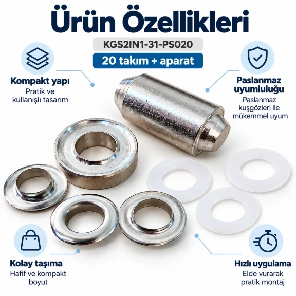31 No Paslanmaz Kuşgözü Elde Vurmalı Delme ve Çakma Seti – 20 Takım + Aparat KGS2IN1-31-PS020