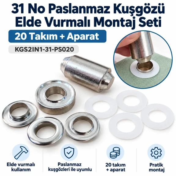 31 No Paslanmaz Kuşgözü Elde Vurmalı Delme ve Çakma Seti – 20 Takım + Aparat KGS2IN1-31-PS020