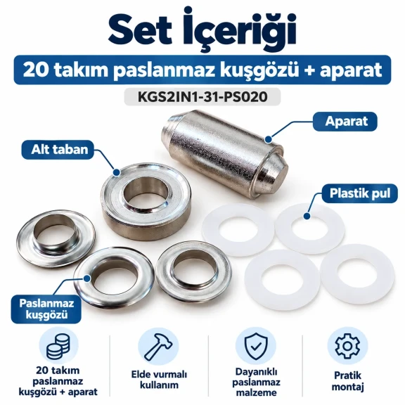 31 No Paslanmaz Kuşgözü Elde Vurmalı Delme ve Çakma Seti – 20 Takım + Aparat KGS2IN1-31-PS020