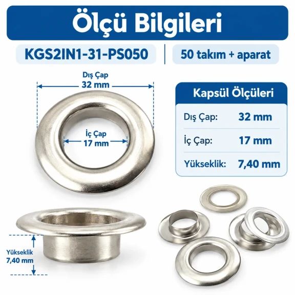 31 No Paslanmaz Kuşgözü Elde Vurmalı Delme ve Çakma Seti – 50 Takım + Aparat KGS2IN1-31-PS050