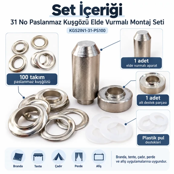 31 No Paslanmaz Kuşgözü Elde Vurmalı Delme ve Çakma Seti – 100 Takım + Aparat KGS2IN1-31-PS100 31 No Paslanmaz Kuşgözü Elde Vurmalı Delme ve Çakma Seti – 100 Takım + Aparat KGS2IN1-31-PS100