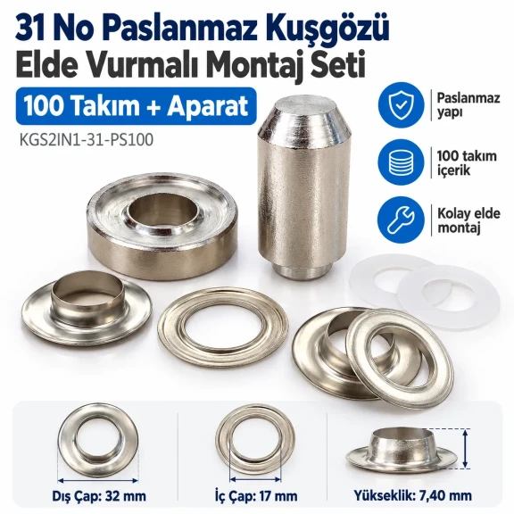 31 No Paslanmaz Kuşgözü Elde Vurmalı Delme ve Çakma Seti – 100 Takım + Aparat KGS2IN1-31-PS100