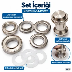 28 mm 34 No Paslanmaz Kuşgözü Elde Vurmalı Delme ve Çakma Seti – 20 Takım + Aparat KGS2IN1-34-PS020