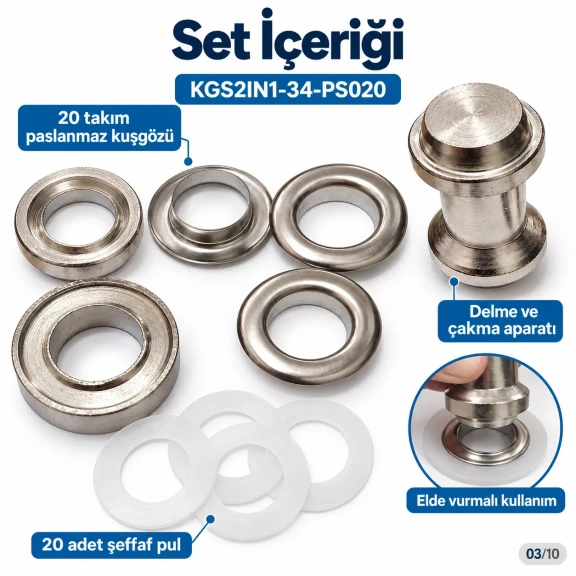 28 mm 34 No Paslanmaz Kuşgözü Elde Vurmalı Delme ve Çakma Seti – 20 Takım + Aparat KGS2IN1-34-PS020
