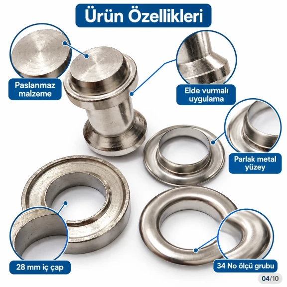 28 mm 34 No Paslanmaz Kuşgözü Elde Vurmalı Delme ve Çakma Seti – 20 Takım + Aparat KGS2IN1-34-PS020