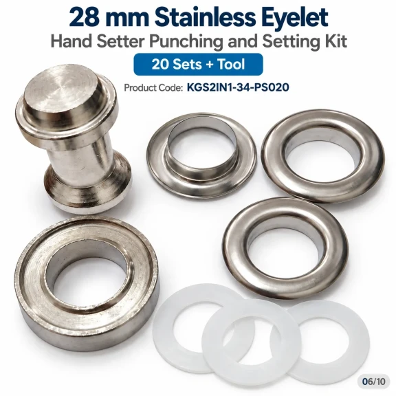 28 mm 34 No Paslanmaz Kuşgözü Elde Vurmalı Delme ve Çakma Seti – 20 Takım + Aparat KGS2IN1-34-PS020