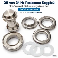 28 mm 34 No Paslanmaz Kuşgözü Elde Vurmalı Delme ve Çakma Seti – 20 Takım + Aparat KGS2IN1-34-PS020