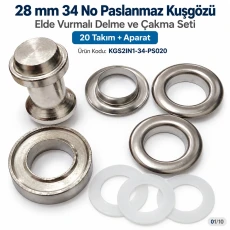 28 mm 34 No Paslanmaz Kuşgözü Elde Vurmalı Delme ve Çakma Seti – 20 Takım + Aparat KGS2IN1-34-PS020