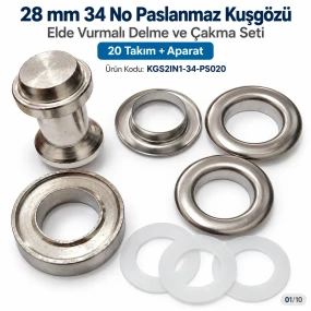 28 mm 34 No Paslanmaz Kuşgözü Elde Vurmalı Delme ve Çakma Seti – 20 Takım + Aparat KGS2IN1-34-PS020