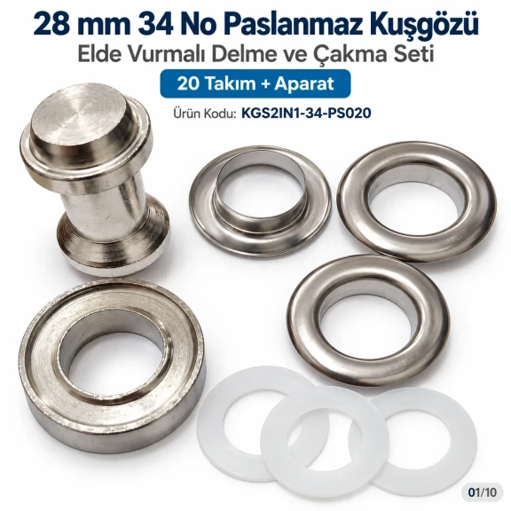 28 mm 34 No Paslanmaz Kuşgözü Elde Vurmalı Delme ve Çakma Seti – 20 Takım + Aparat KGS2IN1-34-PS020
