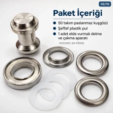 28 mm 34 No Paslanmaz Kuşgözü Elde Vurmalı Delme ve Çakma Seti – 50 Takım + Aparat KGS2IN1-34-PS050