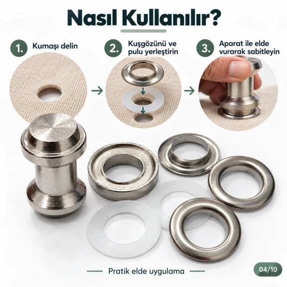 28 mm 34 No Paslanmaz Kuşgözü Elde Vurmalı Delme ve Çakma Seti – 50 Takım + Aparat KGS2IN1-34-PS050