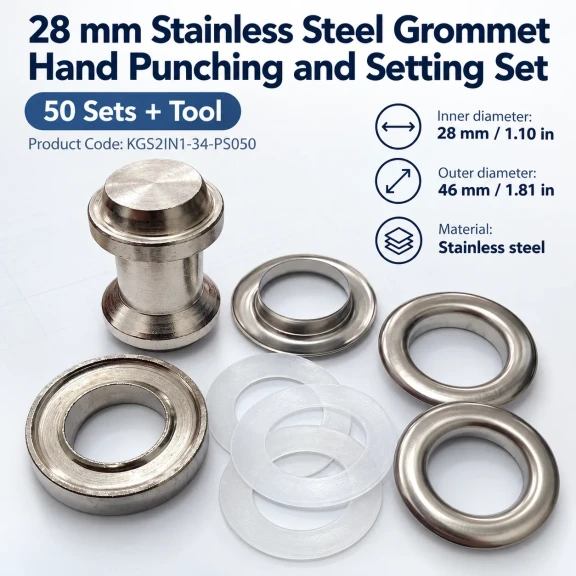 28 mm 34 No Paslanmaz Kuşgözü Elde Vurmalı Delme ve Çakma Seti – 50 Takım + Aparat KGS2IN1-34-PS050