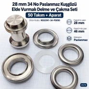28 mm 34 No Paslanmaz Kuşgözü Elde Vurmalı Delme ve Çakma Seti – 50 Takım + Aparat KGS2IN1-34-PS050