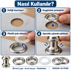 28 mm 34 No Paslanmaz Kuşgözü Elde Vurmalı Delme ve Çakma Seti – 100 Takım + Aparat KGS2IN1-34-PS100