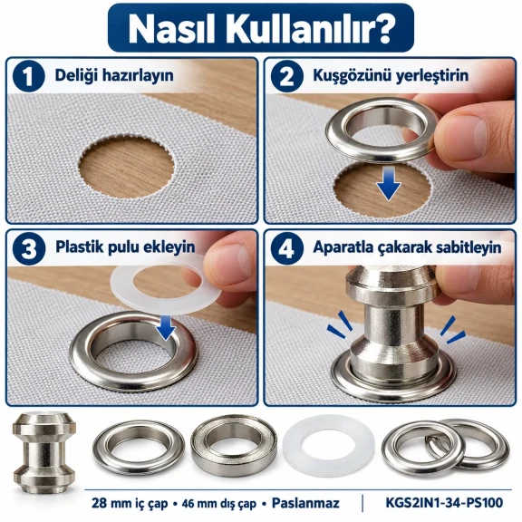 28 mm 34 No Paslanmaz Kuşgözü Elde Vurmalı Delme ve Çakma Seti – 100 Takım + Aparat KGS2IN1-34-PS100