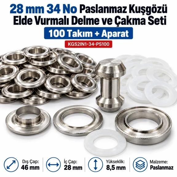 28 mm 34 No Paslanmaz Kuşgözü Elde Vurmalı Delme ve Çakma Seti – 100 Takım + Aparat KGS2IN1-34-PS100