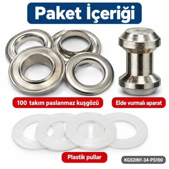 28 mm 34 No Paslanmaz Kuşgözü Elde Vurmalı Delme ve Çakma Seti – 100 Takım + Aparat KGS2IN1-34-PS100