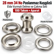 28 mm 34 No Paslanmaz Kuşgözü Elde Vurmalı Delme ve Çakma Seti – 100 Takım + Aparat KGS2IN1-34-PS100
