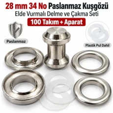28 mm 34 No Paslanmaz Kuşgözü Elde Vurmalı Delme ve Çakma Seti – 100 Takım + Aparat KGS2IN1-34-PS100