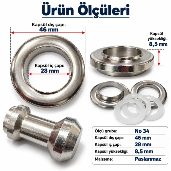 28 mm 34 No Paslanmaz Kuşgözü Elde Vurmalı Delme ve Çakma Seti – 100 Takım + Aparat KGS2IN1-34-PS100