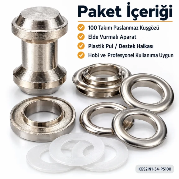 28 mm 34 No Paslanmaz Kuşgözü Elde Vurmalı Delme ve Çakma Seti – 100 Takım + Aparat KGS2IN1-34-PS100